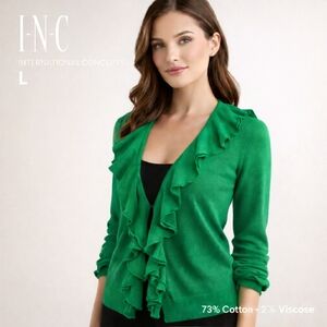 INC International Concepts Green Ruffle Cardigan Ruched Sleeve Size L